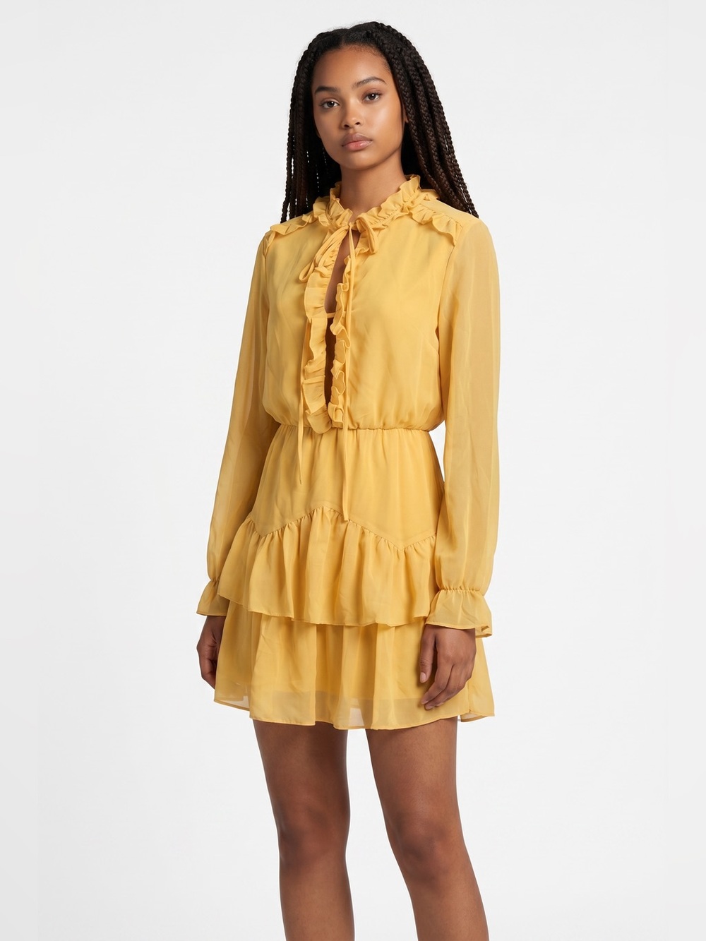 ENDLESS ROSE Butter Yellow Ruffle Tie-Neck sheer Long Sleeve mini Dress size M